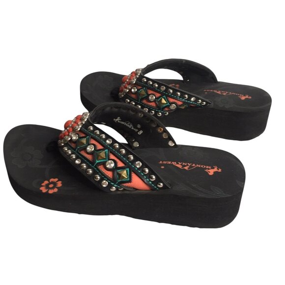 Montana West Shoes Womens Size 8 Black Wedge Flip Flop Sandals Rhinestone - Picture 10 of 10